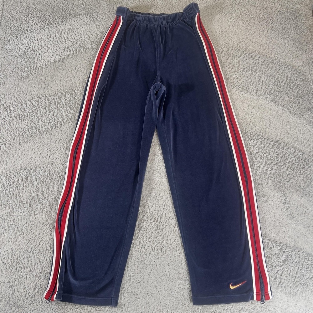Vintage Nike Team Sports Velour Tearaway Track Pants Mens L Navy Blue Side‎ Zip